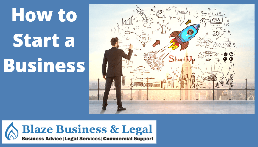 How to Start a Business: A Step-by-Step Guide to Success in 2025 1 Image of a businessman standing in front of a vision board showing a startup business. Caption reads "How to start a business." Blaze Business & Legal Logo.