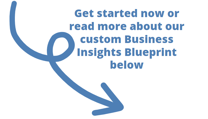 Arrow pointing downwards with the caption, "Get started now or read more about the custom Business Insights Blueprint below." Blaze Business & Legal