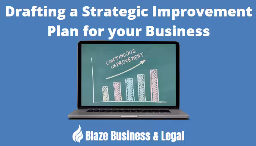 Image of a computer with the screen showing a rising graph with "Continuous Improvement". Caption reads "Drafting a Strategic Improvement Plan for your Business." Blaze Business & Legal Logo.