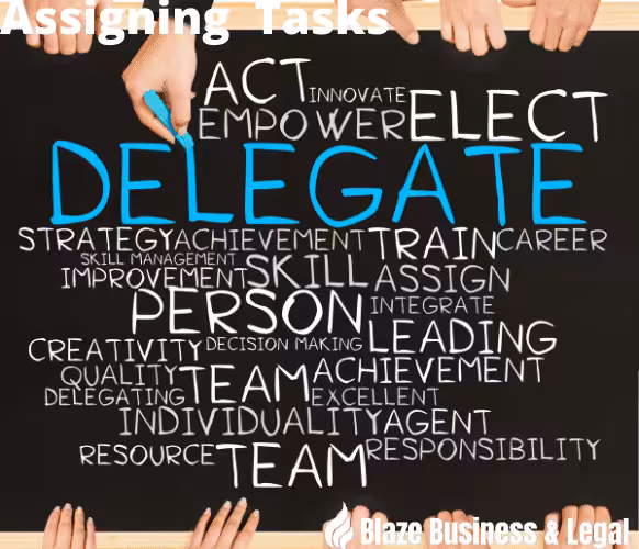 Word cloud with "Delegate" in the middle. Business Improvement - Assigning Tasks - Blaze Business & Legal