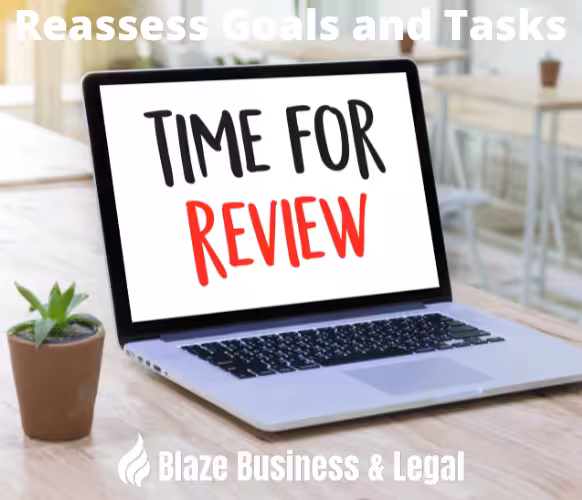 Image of a laptop with the words "Time for Review". Business Improvement - Reassess Goals and Tasks - Blaze Business & Legal