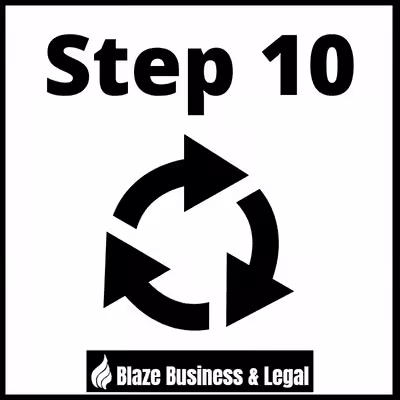Image of circular arrows representing repeating - caption reads Step 10. Blaze Business & Legal Logo.