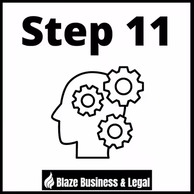Image of a head with cogs representing reassessing - caption reads Step 11. Blaze Business & Legal Logo.