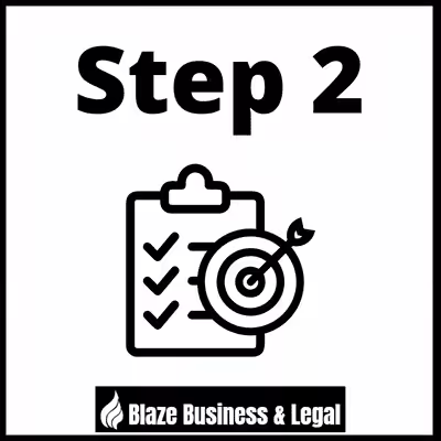 Image of a task list with a bullseye - caption reads Step 2. Blaze Business & Legal Logo.