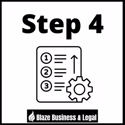 Image of a task list with an arrow pointing up - caption reads Step 4. Blaze Business & Legal Logo.