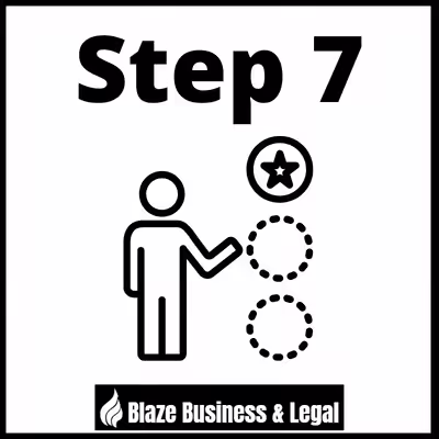 Image of a graphic person with the top task starred - caption reads Step 7. Blaze Business & Legal Logo.