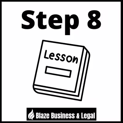 Image of a book with lesson written on it - caption reads Step 8. Blaze Business & Legal Logo.