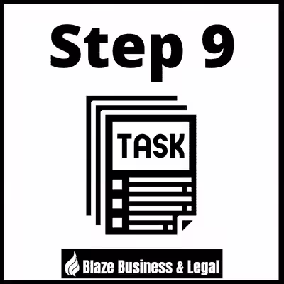 Image of paper with task written on it - caption reads Step 9. Blaze Business & Legal Logo.