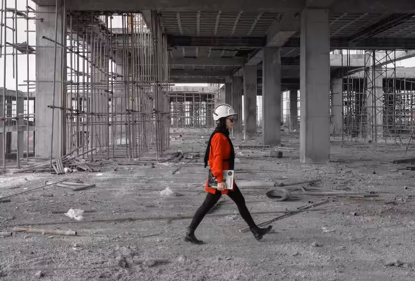 Construction Contract Administration. Woman in a red jacket walking through a construction site
