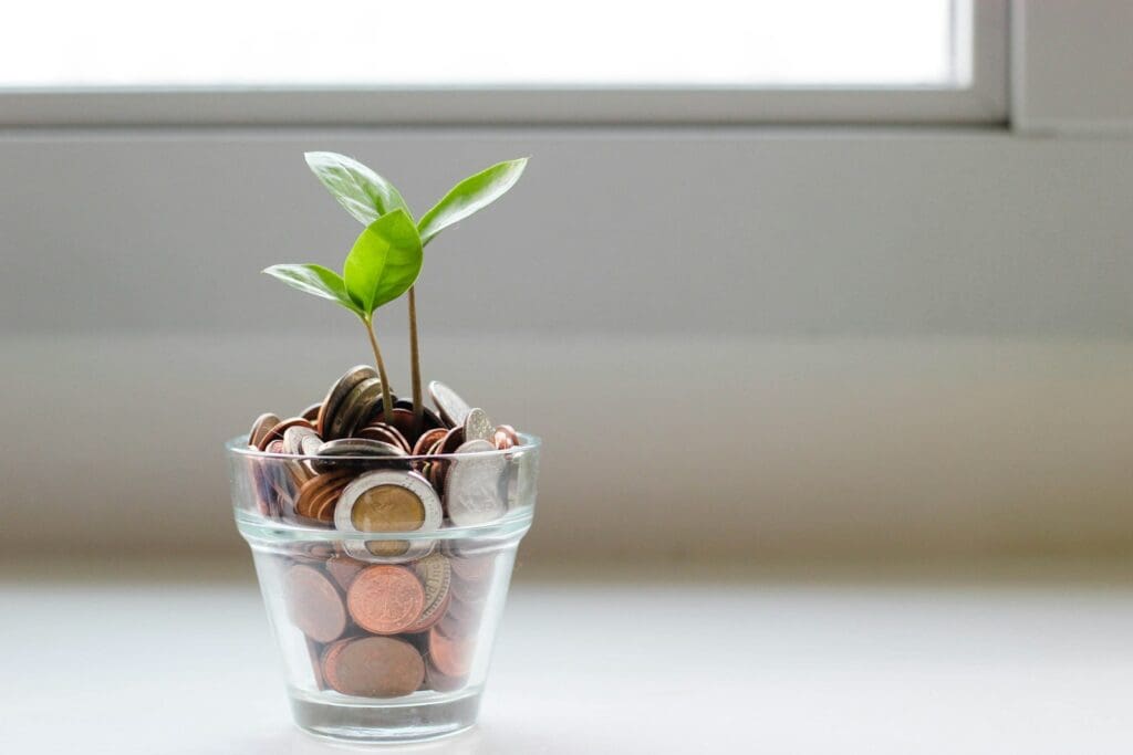 Green plant in clear glass cup with coins in it. Business Loan Calculator. Should my business borrow money?