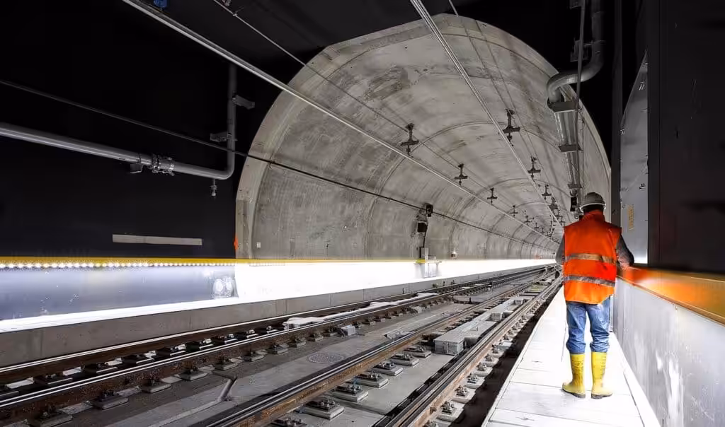 Man standing beside train rail inside a tunnel. AS4000-1997 Guide for Contractors. AS4000. Managing Contractor Contract. AS2124-1992. AS2124