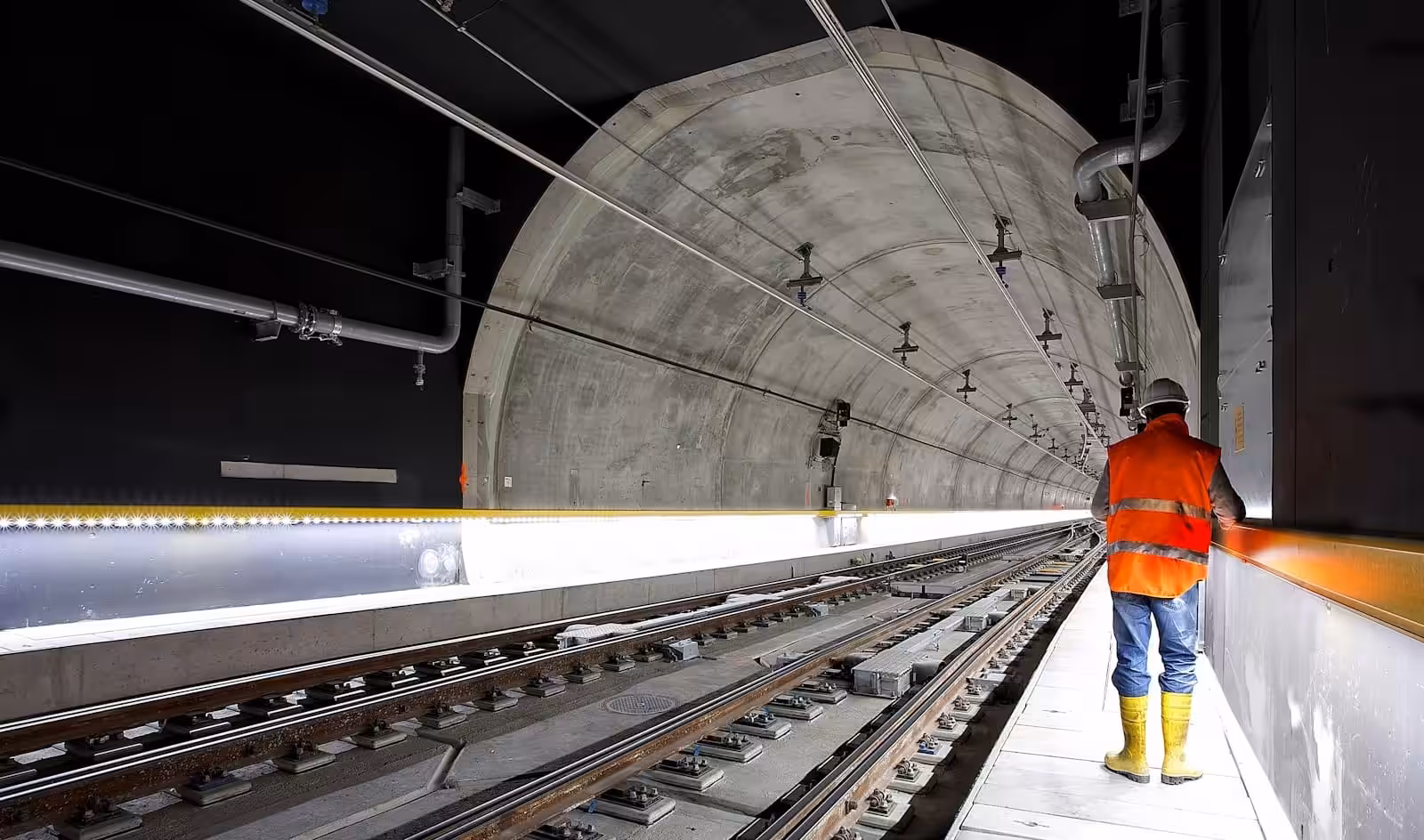 Man standing beside train rail inside a tunnel. AS4000-1997 Guide for Contractors. AS4000. Managing Contractor Contract. AS2124-1992. AS2124