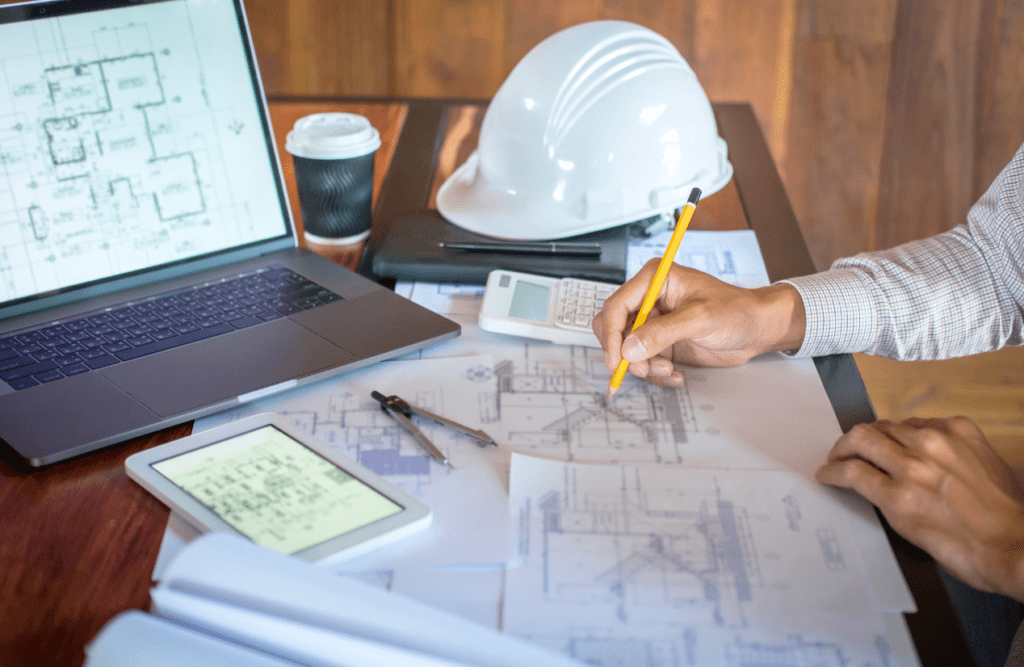 Construction engineer working on blueprint. Risk Management in Construction Projects