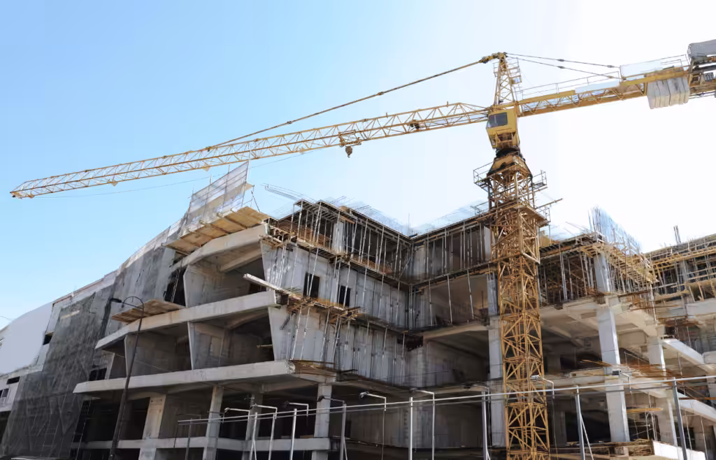 A large building under construction, with a crane lifting materials. DLP Meaning
