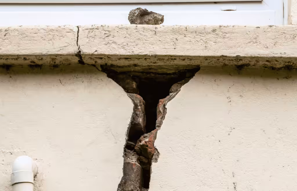 A large crack in a building wall. DLP Meaning