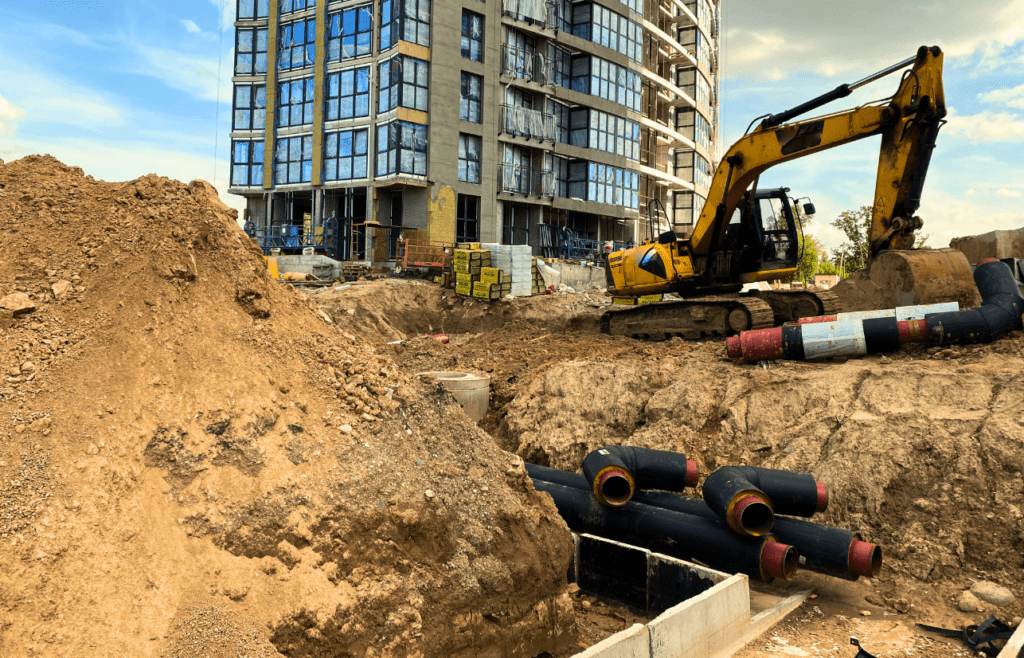 A construction site with machinery and pipes. Latent Conditions. Understanding Your Construction Contract