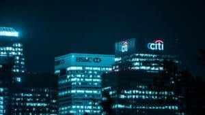 City buildings at night time. Security under construction contracts. Retention Moneys. Bank Guarantees