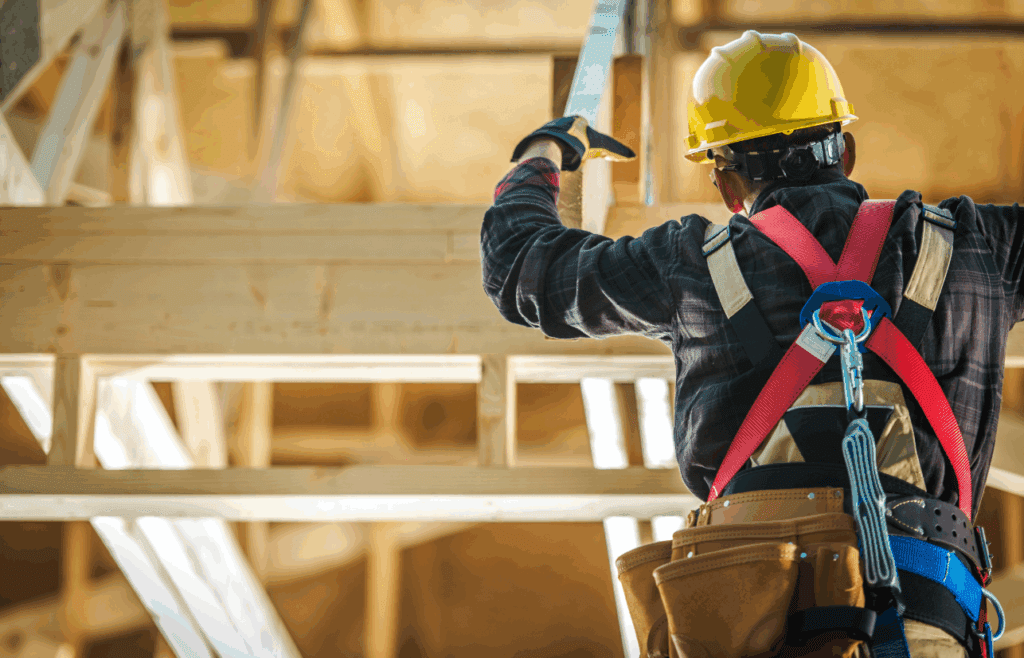 Construction worker wearing a hard hat and safety vest at work. Construction and Contracting