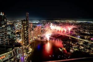 Brisbane City skyline with fireworks. Brisbane 2032 Olympics