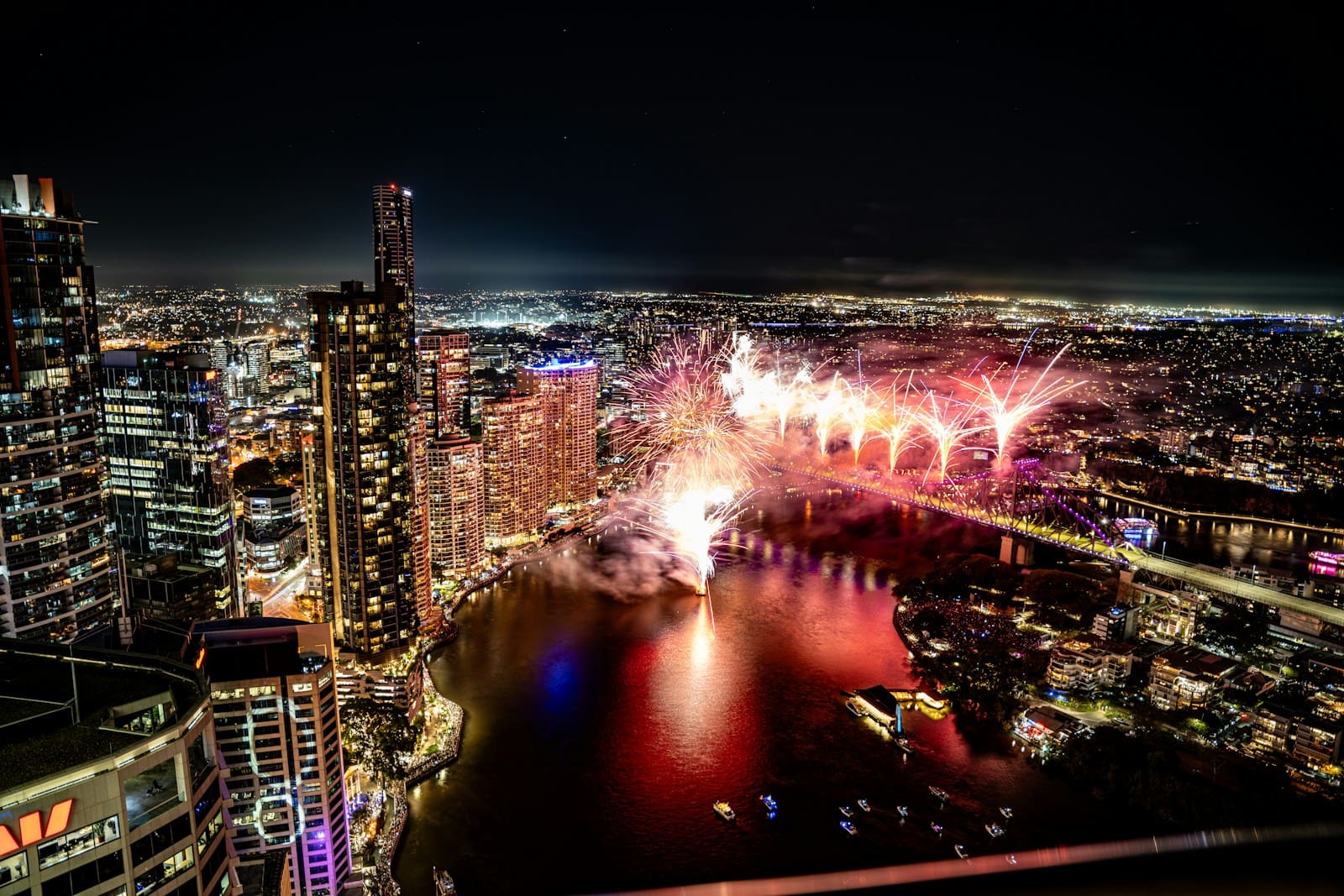 Brisbane City skyline with fireworks. Brisbane 2032 Olympics