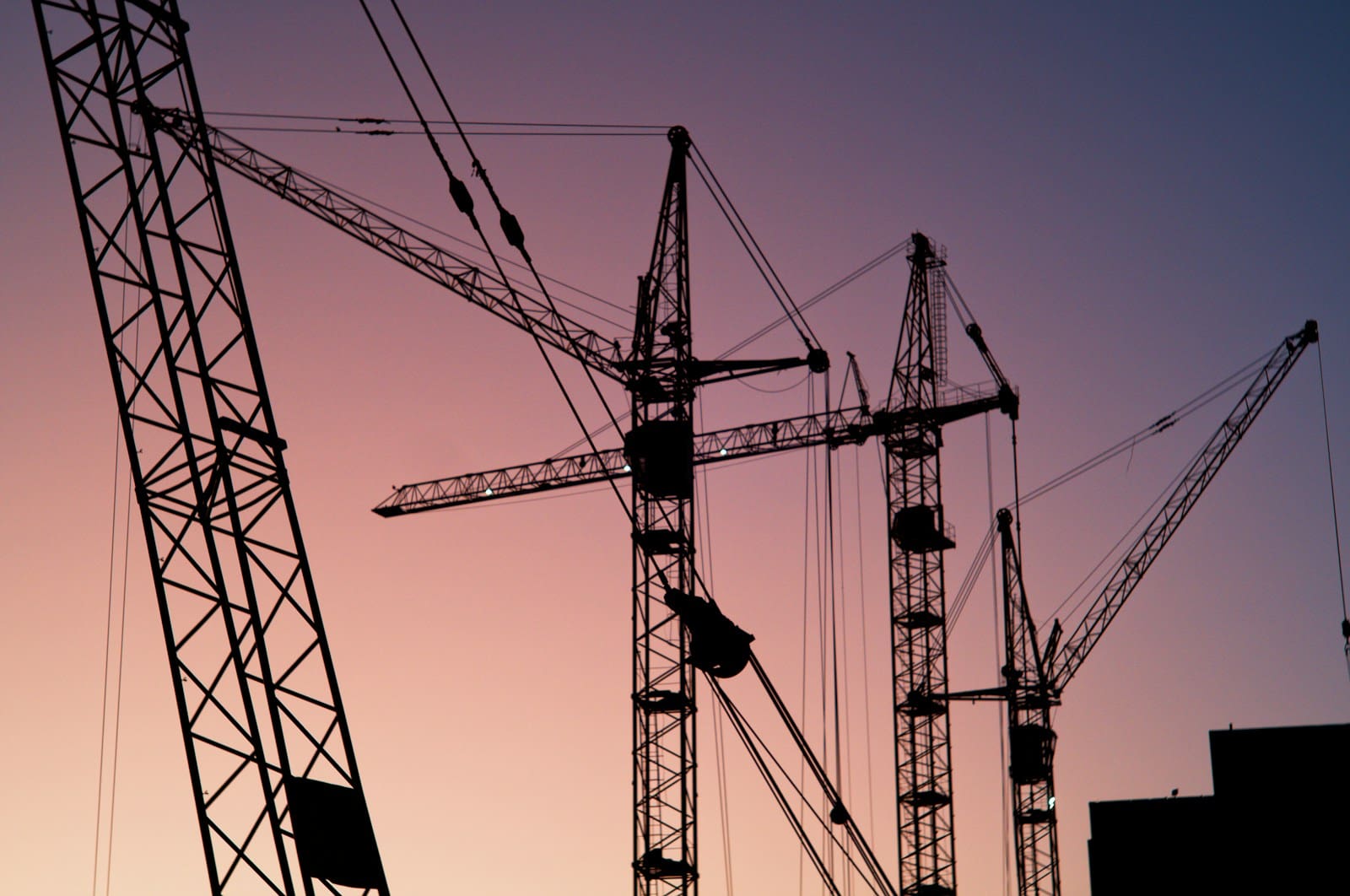 Tower cranes during sunset. What is business advisory for construction businesses