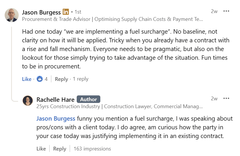 Jason Burgess LinkedIn comment on the fuel crisis and construction