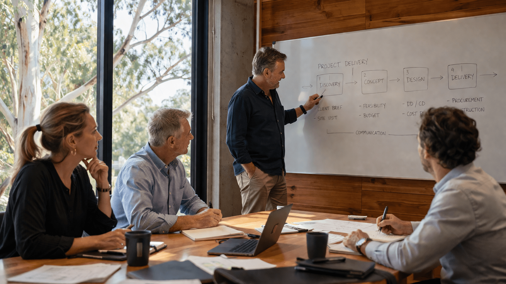 Management Consulting meeting in Brisbane discussing project process improvements with a Construction Business leadership team