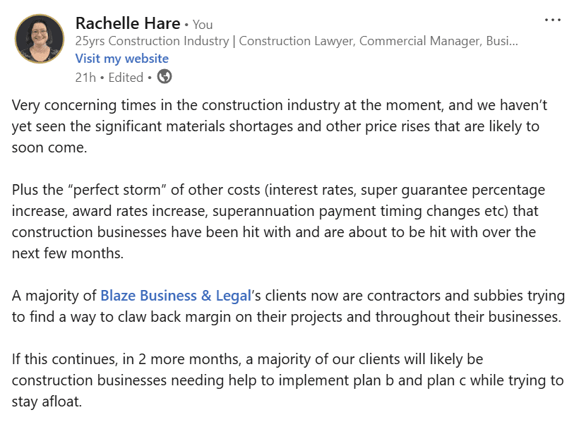 Rachelle Hare LinkedIn post April 2026 on the construction industry fuel crisis