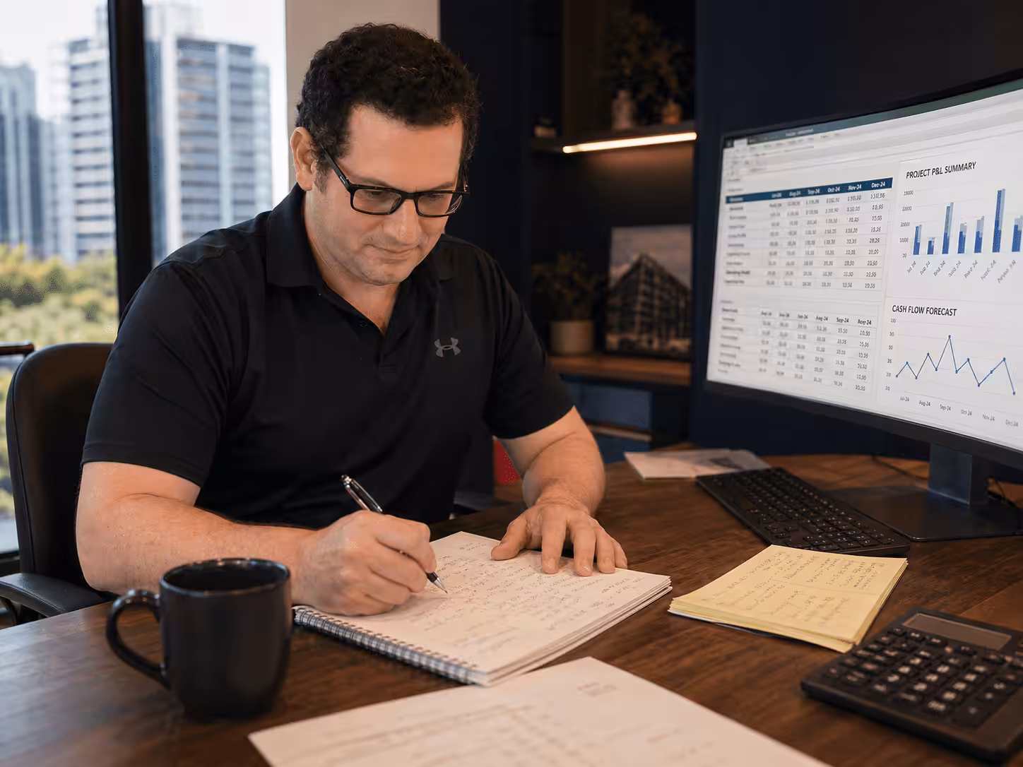 Shannon Drew of Blaze Business and Legal at his Brisbane office desk preparing for a Construction Business Strategy Session