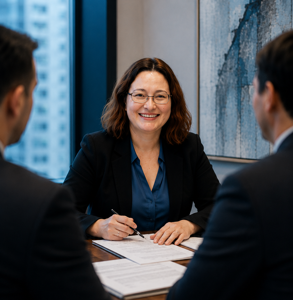 Rachelle Hare at the negotiation table with two counterparts, renegotiating a construction contract that has already been signed