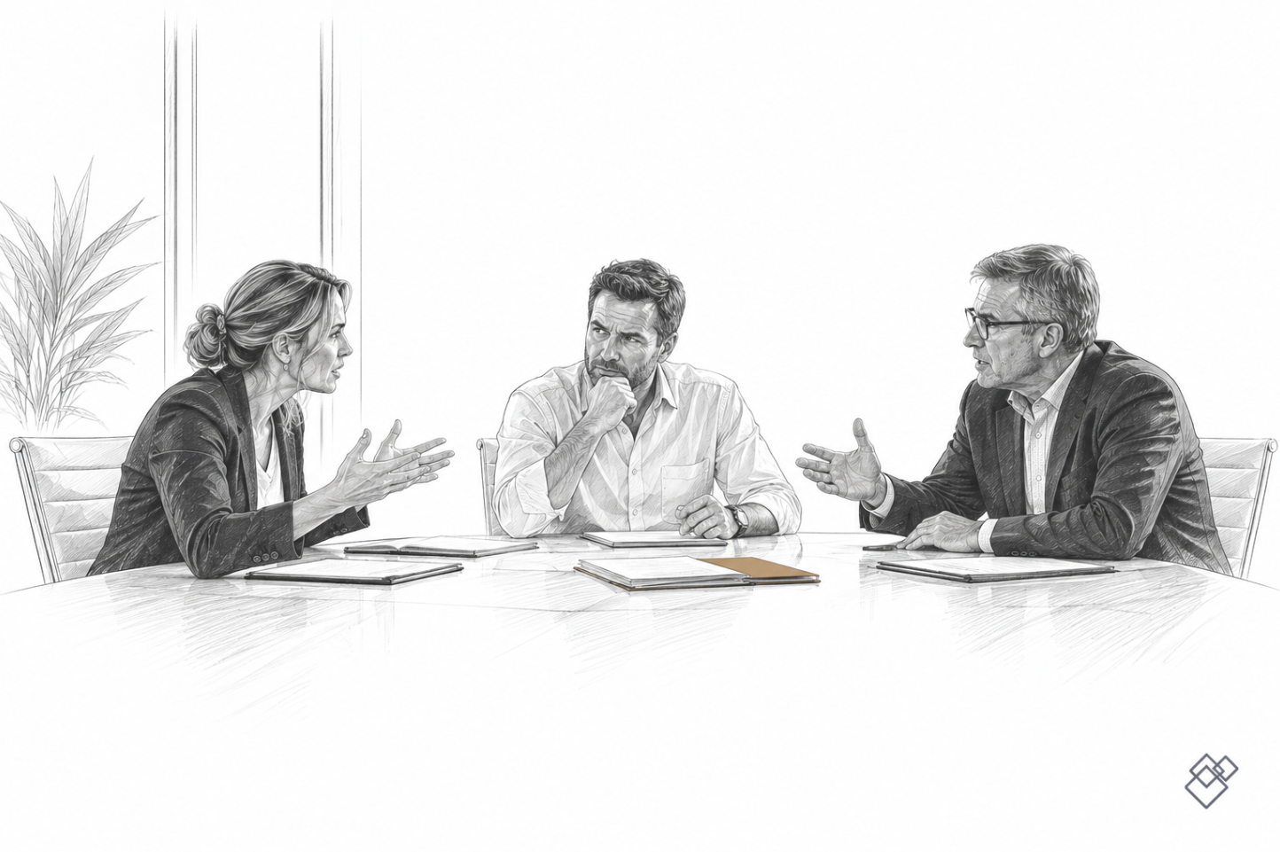 Three Shareholders discussing Drag-Along and Tag-Along Provisions in their Shareholders Agreement for a potential business sale