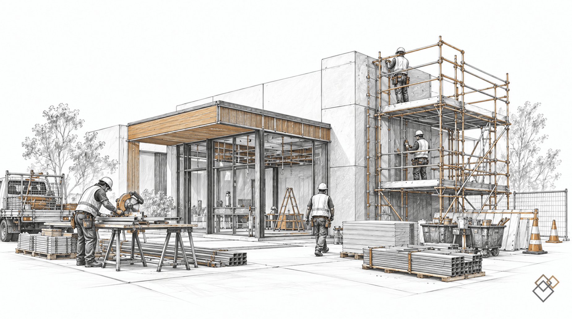 Line drawing of a minor works construction project site