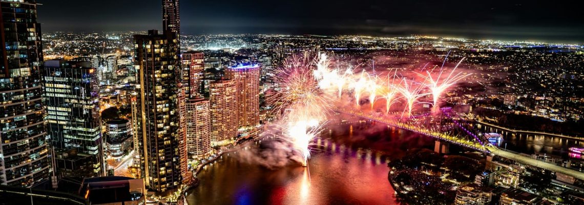 Brisbane City skyline with fireworks. Brisbane 2032 Olympics