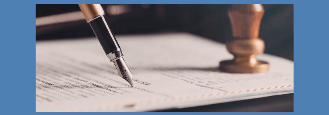 Image of a contract being executed. Caption reads, "Australian Contract Law." Blaze Business & Legal Logo.