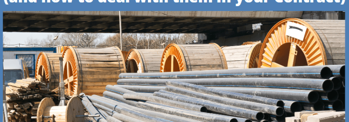 Image of building materials and construction materials. Caption says, "Construction and Building Materials (and how to deal with them in your Contract). Blaze Business & Legal logl