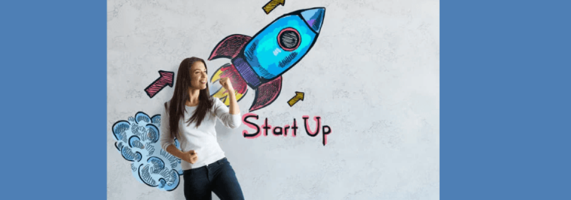 Image of a woman in front of a stylised rocket with the word "Startup" underneath. Caption reads, "How to start a business in Australia." Blaze Business & Legal logo