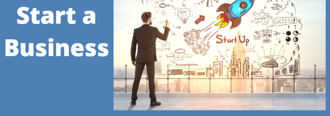 Image of a businessman standing in front of a vision board showing a startup business. Caption reads "How to start a business." Blaze Business & Legal Logo.