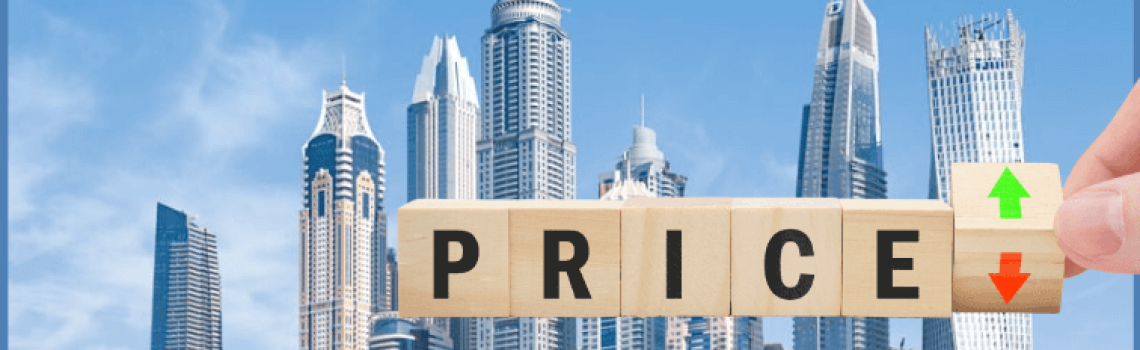 Escalation Clauses / Rise and Fall Clauses. Image of a city skyline with the word "price" superimposed. Blaze Business & Legal Logo.