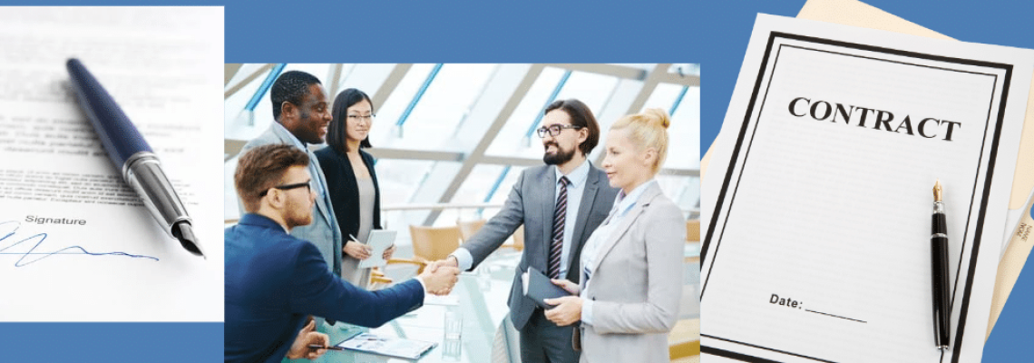 Images of contracts and people shaking hands. Caption reads, "The Role of Contracts." Blaze Business & Legal Logo.