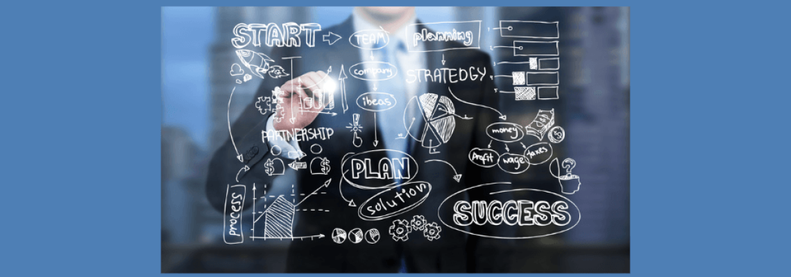 Image of a businessman drawing a business strategy diagram. Caption reads, "What is Business Strategy?" Blaze Business & Legal Logo.